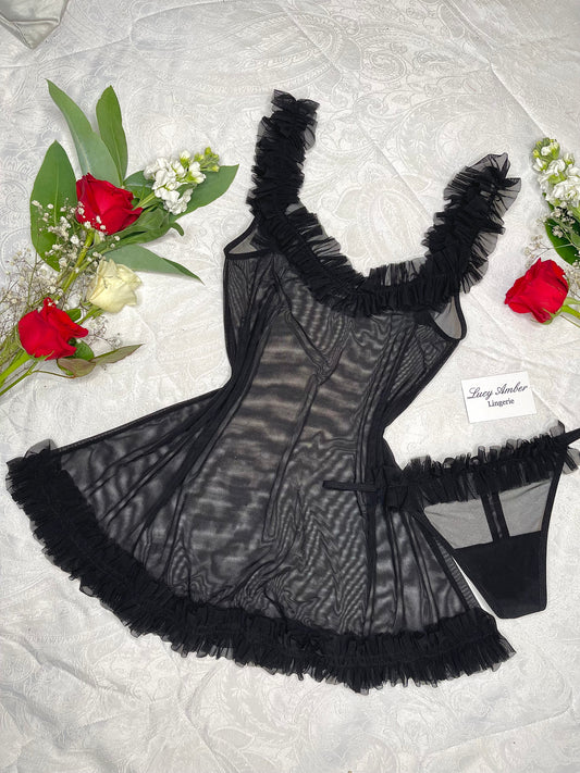 Black Frill Babydoll and Thong Set