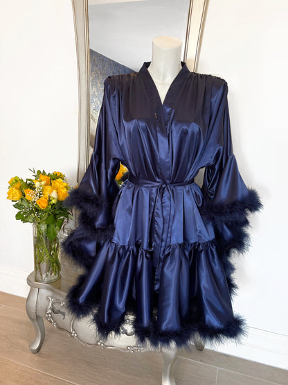 Midnight Blue Navy Short Hollywood Vintage Style Feather Robe