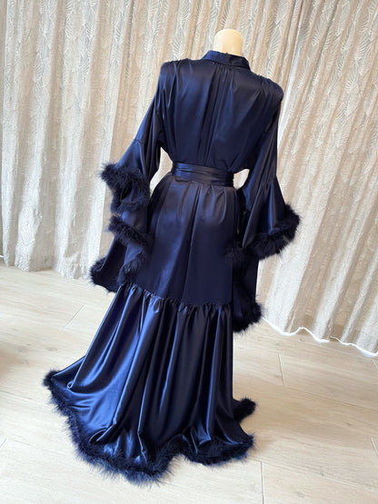 Midnight Blue Navy Hollywood Vintage Style Feather Robe